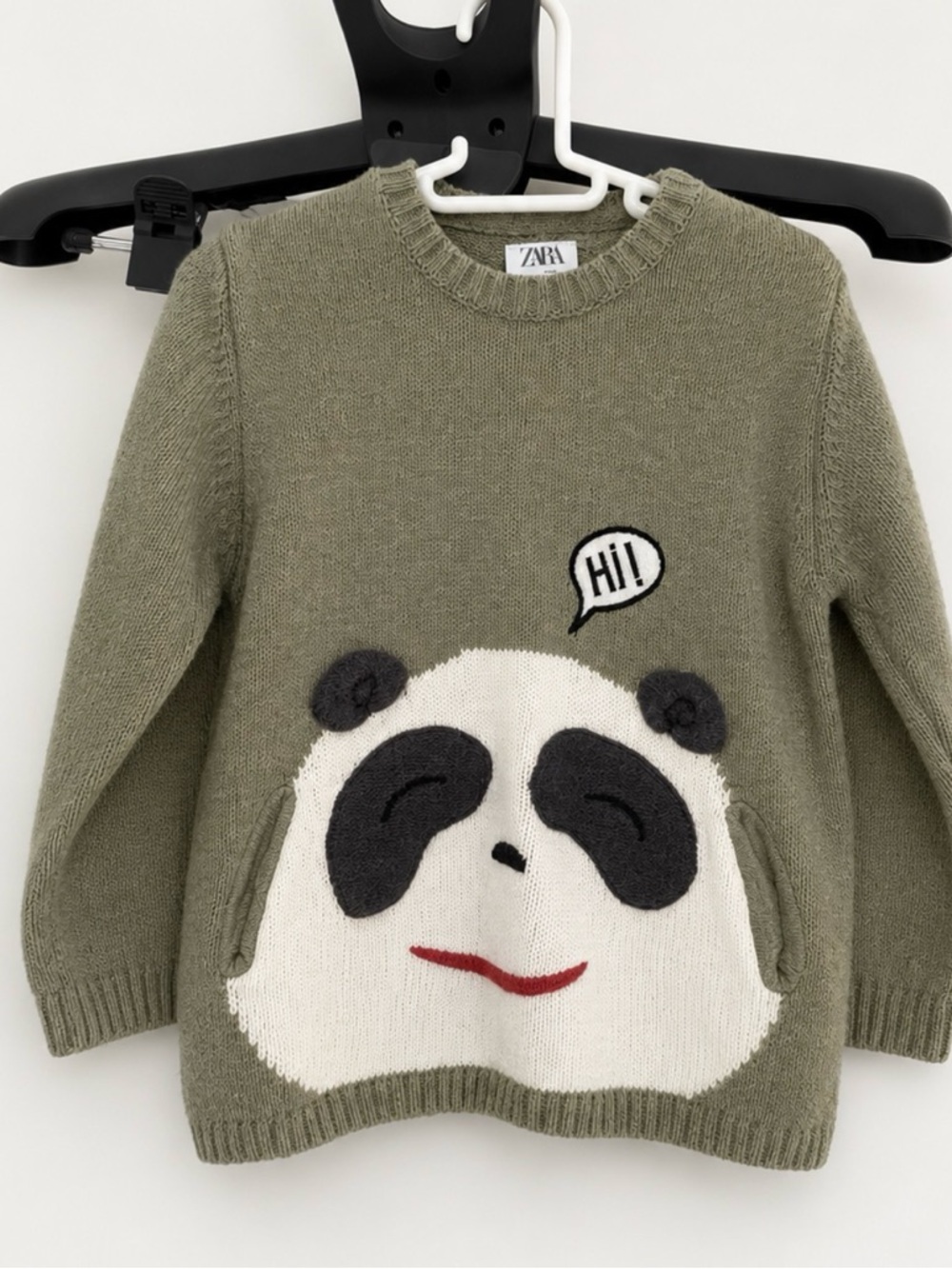 Zara Baby Olive Green Sweater with White Panda Face and Black Details w Pockets - Picture 1 of 1